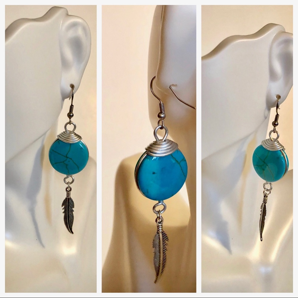 Handmade Dangle Earrings Aqua & Silver Tone NWT